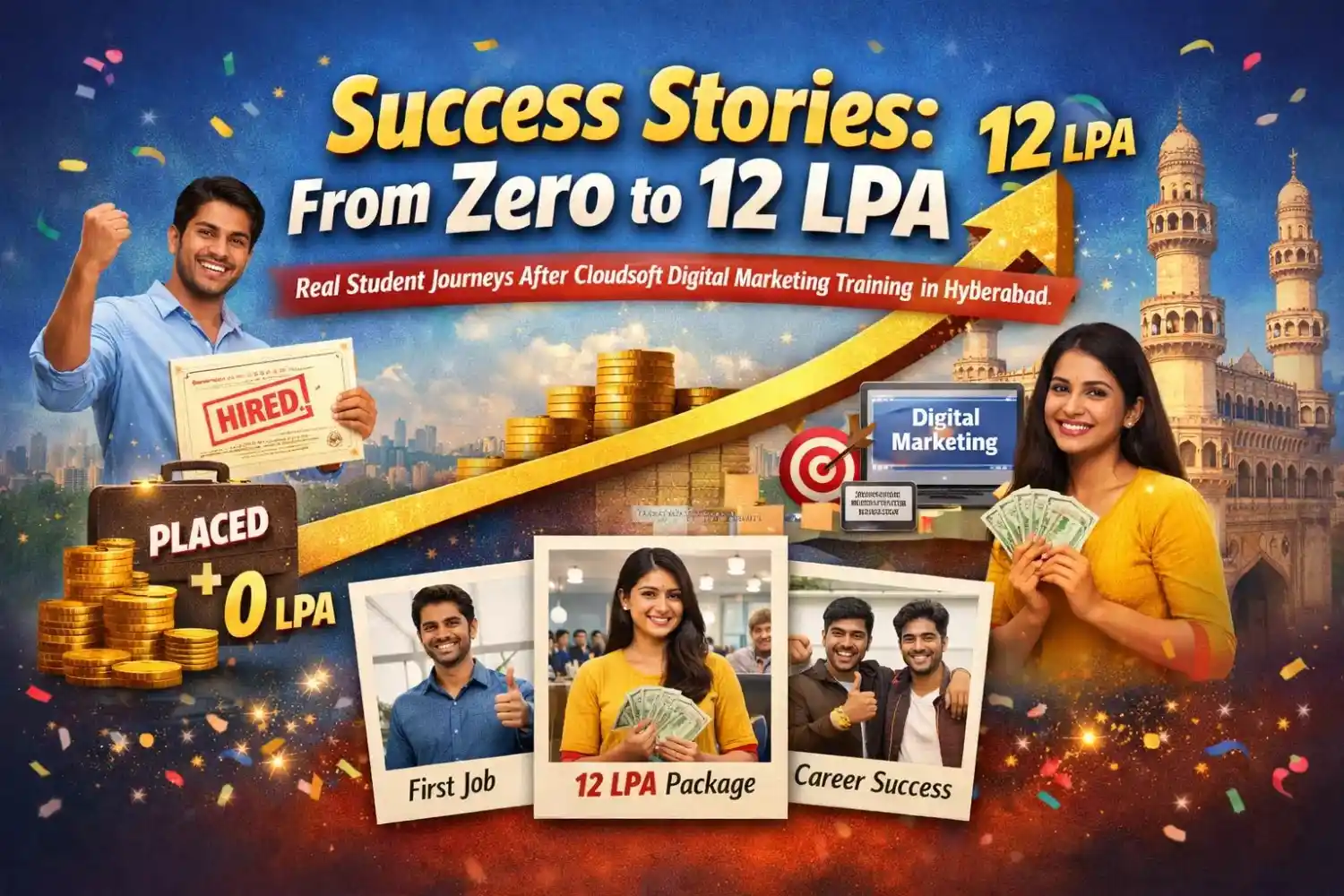 create a banner image on Success Stories: From Zero to 12 LPA – Real Student Journeys After Cloudsoft Solutions Digital Marketing Training in Hyderabad